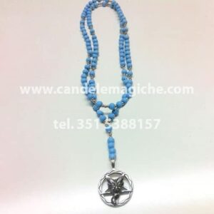 collana rosario con palline celesti e ciondolo di baphomet